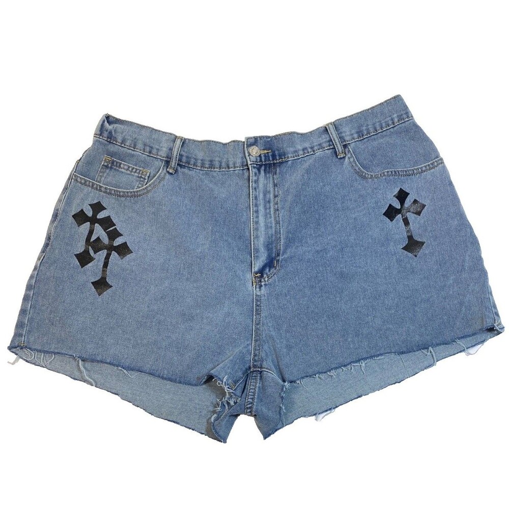 Cut-off Jeans/Denim Shorts~Women 3XL~Sparkly Crosses~Fringe~Grunge~Goth/Gothic